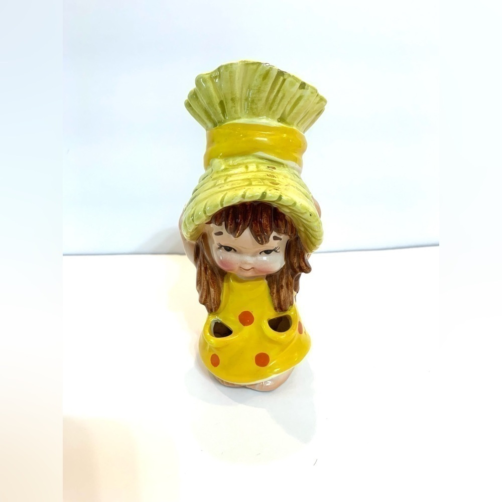VTG Lefton Girl Head Vase Yellow Polka Dot 1960’s *Chipped * Read! MCM Style